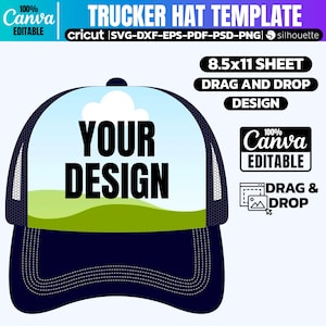 Puede incluir: Una plantilla de gorra de camionero azul con una nube blanca y colinas verdes en la parte delantera. El texto "YOUR DESIGN" está impreso en negro en la parte delantera de la gorra. La gorra está sobre un fondo blanco. Hoja de 8,5 x 11, arrastrar y soltar el diseño.