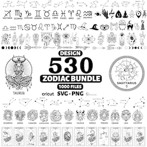 Puede incluir: Un diseño de paquete de Zodiaco en blanco y negro con constelaciones, símbolos del zodiaco e ilustraciones. El diseño incluye el texto "DESIGN 530 ZODIAC BUNDLE 1000 FILES" y la palabra "Taurus".