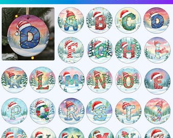 May include: A collection of Christmas ornaments featuring the alphabet, each letter adorned with festive decorations. The ornaments are round, with a winter scene background and a Santa hat on each letter. The text "A-Z ORNAMENTS PNG BUNDLE" is at the top.