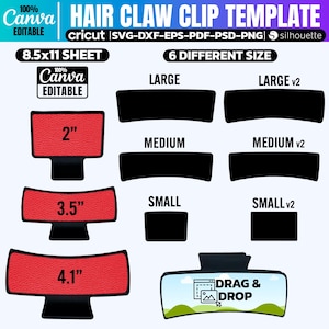 May include: A digital template for creating hair claw clip designs. The template includes six different sizes: large, medium, and small, each with two variations. The template is designed for use with Cricut cutting machines and includes instructions for dragging and dropping images onto the design.