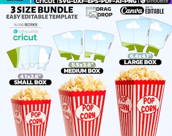 Popcorn Box Template Bundle SVG | 3 Sizes Popcorn Bucket Cricut File | Party Pop Corn Bowl