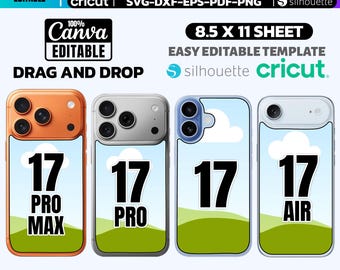 Paquete de plantillas de fundas para iPhone 17 Pro Max, Pro y Air: plantillas de sublimación editables en Canva