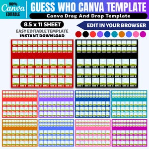 Può includere: Un modello Canva per il gioco "Indovina chi?" con un design drag-and-drop. Il modello è un foglio A4 (21 x 29,7 cm) ed è facile da modificare. Il design include spazi per nomi e immagini, con una varietà di opzioni di colore.