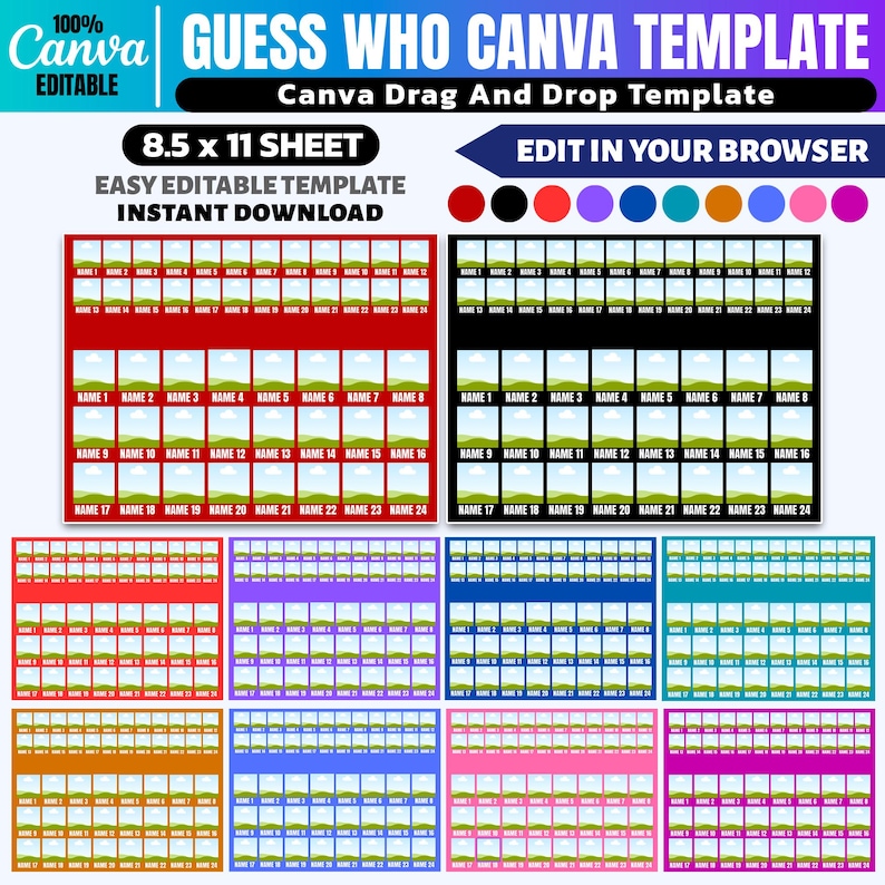 Pu&ograve; includere: Un modello Canva per il gioco "Indovina chi?" con un design drag-and-drop. Il modello &egrave; un foglio A4 (21 x 29,7 cm) ed &egrave; facile da modificare. Il design include spazi per nomi e immagini, con una variet&agrave; di opzioni di colore.