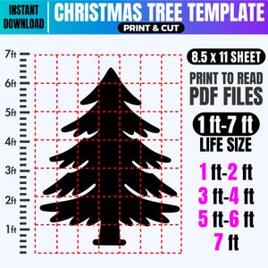May include: Black Christmas tree template with a grid background, labeled with measurements from 30 cm to 213 cm. The text includes "Instant Download", "Print & Cut", and "PDF Files".