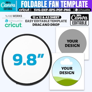 Könnte beinhalten: Eine weiße Faltfächer-Vorlage mit schwarzem Rand, die "9.8"" in Blau anzeigt. Das Bild enthält Text: "FOLDABLE FAN TEMPLATE", "EASY EDITABLE TEMPLATE" und "Canva EDITABLE". Zusätzliche Beispielentwürfe sind abgebildet.