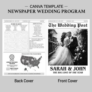 Puede incluir: Una plantilla de programa de boda de estilo periódico en blanco y negro con un crucigrama de búsqueda de palabras en el lado izquierdo y una foto de una pareja en el lado derecho. El titular dice "The Wedding Post" y los nombres de la pareja son "Sarah & John" con el lema "The Big Love of the Year".