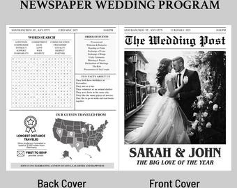 Plantilla de programa de periódico de bodas: Diseño plegado, Canva editable (descarga digital)