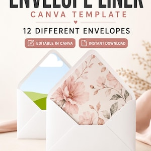 Peut inclure: Un modèle Canva pour doublure d'enveloppe avec le texte ENVELOPE LINER CANVA TEMPLATE, 12 DIFFERENT ENVELOPES, EDITABLE IN CANVA, INSTANT DOWNLOAD, A1, A2, A6, A7, 5", 6.5", SVG, DXF, EPS, PDF, PNG. Deux enveloppes blanches sont visibles.
