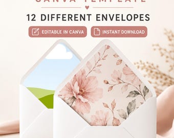 Modelo de forro de envelope editável no Canva: Arraste e solte para casamento, 6 tamanhos, download digital, compatível com Cricut e Silhouette.
