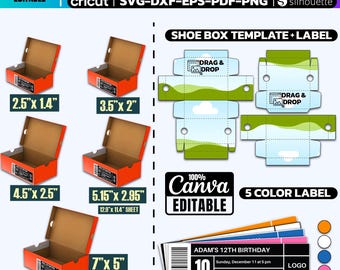 Pacote de modelos de caixa de sapatos: Mini caixa de tênis, rótulo SVG (download digital)