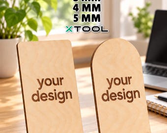 Pacote de arquivos para corte a laser de suporte para celular, 2 designs de suporte de madeira em SVG, compensado de 3 mm, 4 mm e 5 mm.