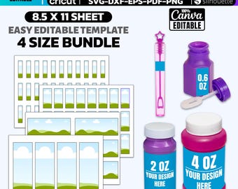 Editable Bubble Bottle Labels Bundle | 4 Sizes Party Favor Stickers | Canva Printable Bubble Wrap Label Template | Svg Png Pdf Eps
