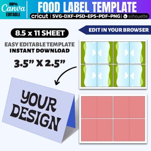 May include: A food label template with the text "FOOD LABEL TEMPLATE" and "YOUR DESIGN". The template includes the dimensions 8.5 x 11 inches and 3.5 x 2.5 inches. The template is editable in Canva and is an instant download.