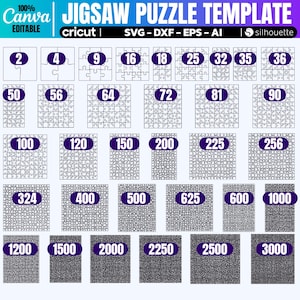 May include: A digital jigsaw puzzle template with various piece counts, from 2 to 3000. The template includes the text "JIGSAW PUZZLE TEMPLATE" and is labeled as editable for Cricut, SVG, DXF, EPS, and AI formats.