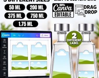 Modelo de Rótulo para Garrafa de Tequila em 5 Tamanhos, Design Editável no Canva, 1800 dpi: 50 ml - 200 ml - 375 ml - 750 ml - 1,75 ml