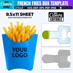 Puede incluir: Una plantilla de caja de patatas fritas azul con patatas fritas doradas. La plantilla incluye el texto "YOUR LOGO" y "8.5x11 SHEET". El diseño es editable en Canva y compatible con Cricut y Silhouette.