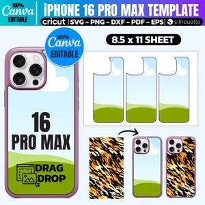 Telefon 16 Pro Max Hülle Sublimation Canva Vorlage, Telefon 16 Pro Max Hülle Canva Ziehen & Ablegen Vorlage, Telefonhüllen Vorlage, Sublimation Canva