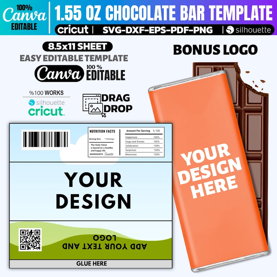 Editable 1.55 Oz Chocolate Bar Wrapper Label Template, Canva Candy ...