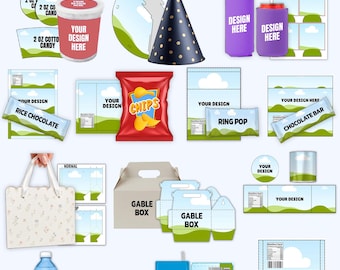 Paquete de 13 plantillas editables de Canva para recuerdos de fiesta, SVG para bolsas de papas fritas, envoltorios de dulces, etiquetas para botellas de agua, cajas con forma de gable y archivos de corte para Cricut y Silhouette.