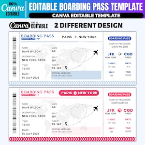 May include: Two editable boarding pass templates with a blue and pink design. The passes include passenger information, flight details, and destination cities of New York and Paris. The text "Canva Editable" is displayed.