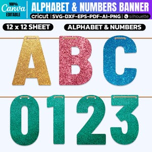 Banner con alfabeto SVG, banner con letras y números SVG, banner de bricolaje SVG, archivo de letras para banner de Cricut, archivos SVG con letras para banner, banner de la A a la Z del 0 al 9
