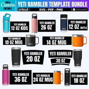 Può includere: Una collezione di modelli di bicchieri Yeti Rambler, tra cui bottiglie, tazze e bicchieri. L'immagine mostra varie dimensioni, come 355 ml, 591 ml e 887 ml, in colori come blu, rosa, nero e arancione. Il testo include "Yeti Rambler" e "Canva Editable".