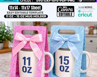 Mug Holder Template Svg | 11oz 15oz Cup Gift Box, Cricut Silhouette Template