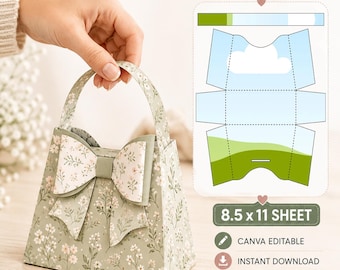 Szablon SVG z pudełkiem na prezent w kształcie torebki, papierowe pudełko na upominki, edytowalna torba prezentowa w Canva, plik Cricut Silhouette Cut, natychmiastowe pobranie
