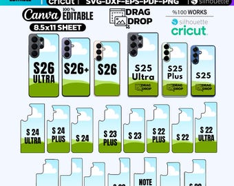 Paquete de plantillas para fundas de teléfono Galaxy / Editable en Canva / S20 - S26 Ultra Plus / Cricut Silhouette Sublimation