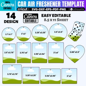 May include: A car air freshener template with 14 designs, including circles, rectangles, and a heart shape. The designs feature a sky and landscape scene. The template is easy to edit and comes on an 8.5 x 11 inch sheet.