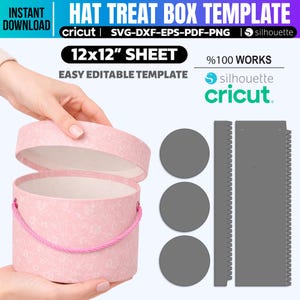 Könnte beinhalten: Eine rosa Hut-Treat-Box-Vorlage mit floralem Muster und einem rosa Seilgriff. Die Vorlage enthält ein Design für ein 30,5 x 30,5 cm großes Blatt, drei graue Kreise und eine graue rechteckige Form. Text enthält "Hat Treat Box Template".
