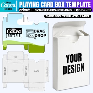Plantilla de caja de naipes en blanco (SVG), plantilla de caja de cartas de póker, caja (SVG), plantilla de caja de cartas coleccionables, Canva editable, plantilla de arrastrar y soltar