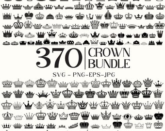 May include: A large collection of 370 black and white crown SVG, PNG, EPS, and JPG files. The crowns are in various styles and designs.