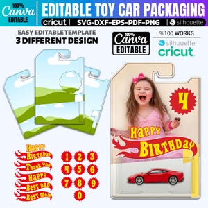 Puede incluir: Plantilla de embalaje de coche de juguete editable con tres diseños diferentes. Incluye un coche de juguete rojo en un paquete con la foto de un niño y la frase "Happy Birthday". También incluye números del 0 al 9 y pancartas decorativas.