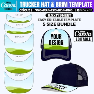 Könnte beinhalten: Eine digitale Vorlage für Trucker-Hüte und Krempen, mit einer marineblauen Kappe und einem weißen Schirm. Die Vorlage enthält verschiedene Größen, mit Krempenmaßen wie 5,8 cm x 16,8 cm und 14,2 cm x 19,5 cm. Bearbeitbar in Canva.