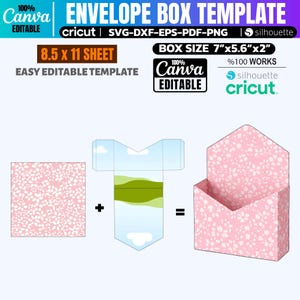 May include: An envelope box template with the text "ENVELOPE BOX TEMPLATE" and "8.5 x 11 SHEET". The box size is 7"x5.6"x2". The design includes a pink floral pattern and is compatible with Cricut and Silhouette machines. The template is easy to edit.