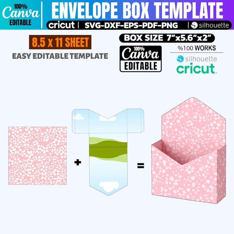 May include: An envelope box template with the text "ENVELOPE BOX TEMPLATE" and "8.5 x 11 SHEET". The box size is 7"x5.6"x2". The design includes a pink floral pattern and is compatible with Cricut and Silhouette machines. The template is easy to edit.