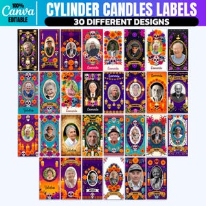 May include: A set of 30 cylinder candle labels with diverse designs. Each label showcases a portrait, floral and skull patterns, and the names of the people in the portraits. The labels are in a range of colors, including purple, orange, and teal.