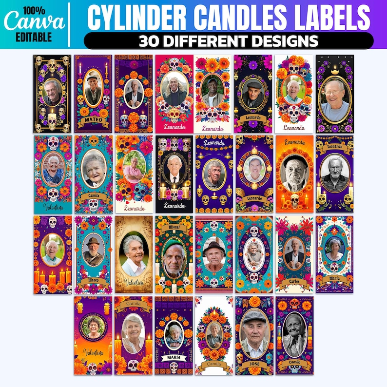 May include: A set of 30 cylinder candle labels with diverse designs. Each label showcases a portrait, floral and skull patterns, and the names of the people in the portraits. The labels are in a range of colors, including purple, orange, and teal.