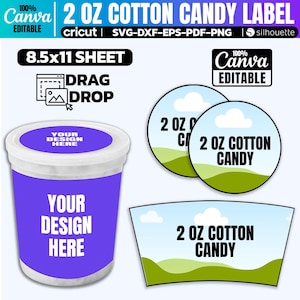 Peut inclure: Modèle d'étiquette imprimable pour coton candy de 2 oz avec un design de ciel bleu, de nuages blancs et d'herbe verte. L'étiquette indique "2 oz Cotton Candy". Le modèle est modifiable et peut être utilisé avec Cricut.