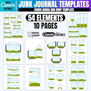 Könnte beinhalten: Digitales Vorlagenset für Junk-Journals mit 54 Elementen und 10 Seiten. Das Design umfasst verschiedene Formen und Rahmen mit Landschaftshintergründen und den Text "Canva Editable".