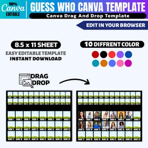Pu&ograve; includere: Un modello Canva per il gioco "Indovina chi?", con un design drag-and-drop. Il modello &egrave; un foglio A4 e include 10 diverse opzioni di colore. Il design &egrave; facile da modificare e disponibile per il download immediato.