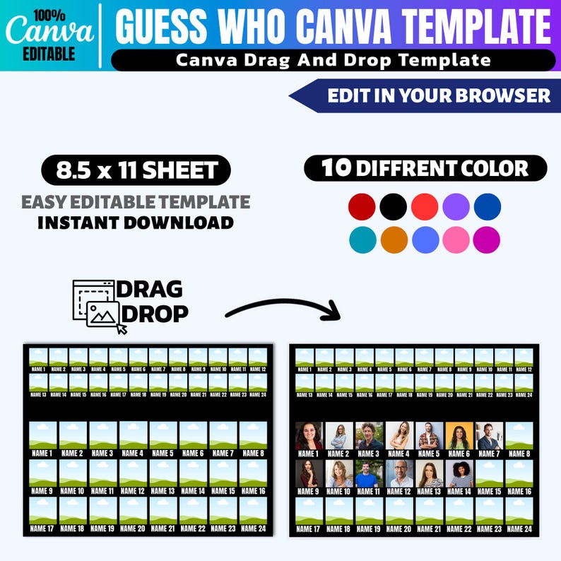 Pu&ograve; includere: Un modello Canva per il gioco "Indovina chi?", con un design drag-and-drop. Il modello &egrave; un foglio A4 e include 10 diverse opzioni di colore. Il design &egrave; facile da modificare e disponibile per il download immediato.