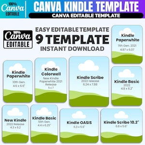 May include: A Canva Kindle template graphic with the text "CANVA KINDLE TEMPLATE" and "CANVA EDITABLE TEMPLATE". The image displays nine Kindle templates, each with dimensions in inches, including Kindle Paperwhite, Kindle Scribe, and Kindle Basic models.