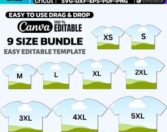 9 Sizes All Over Shirt Template Bundle Canva Editable | Full Wrap T-Shirt Mockup | Sublimation Tshirt Template