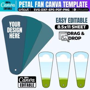 May include: A digital template for a petal fan, featuring a design with a blue sky, white clouds, and green grass. The template is labeled "Easy Editable 8.5x11 Sheet" and includes instructions to "Drag & Drop".