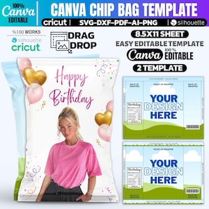 Può includere: Un modello di sacchetto di patatine Canva con la scritta "Happy Birthday" e la foto di una donna. Il design include palloncini oro e rosa e coriandoli. Il modello è facile da modificare e viene fornito con due modelli.