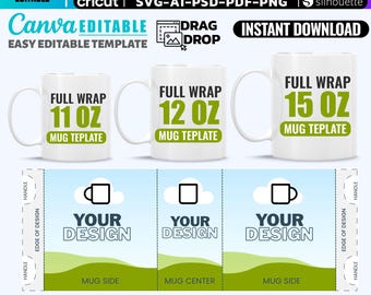 Mug Sublimation Template Bundle, 11-15 Oz, Canva, SVG, PNG (Digital Download)