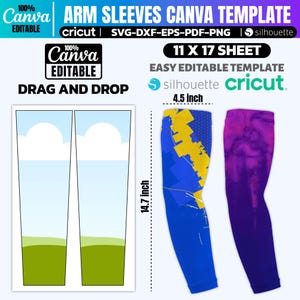 May include: Arm sleeve Canva template with the text "Arm Sleeves Canva Template" and "Drag and Drop". The template includes two arm sleeve designs, one blue and yellow, the other purple. The sleeves are 14.7 inches long and 4.5 inches wide.